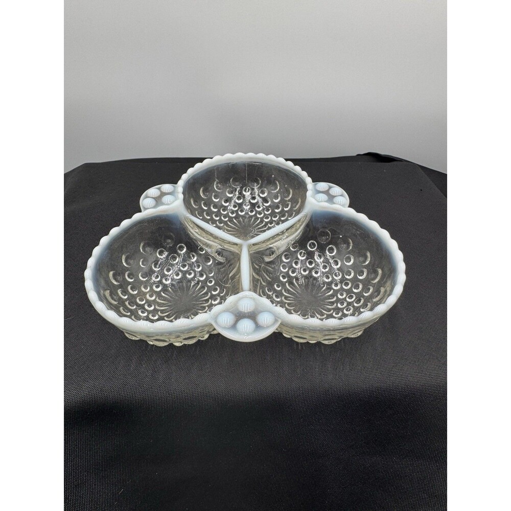 Vintage Anchor Hocking Moonstone hobnail 3-part divided clover candy/relish dish